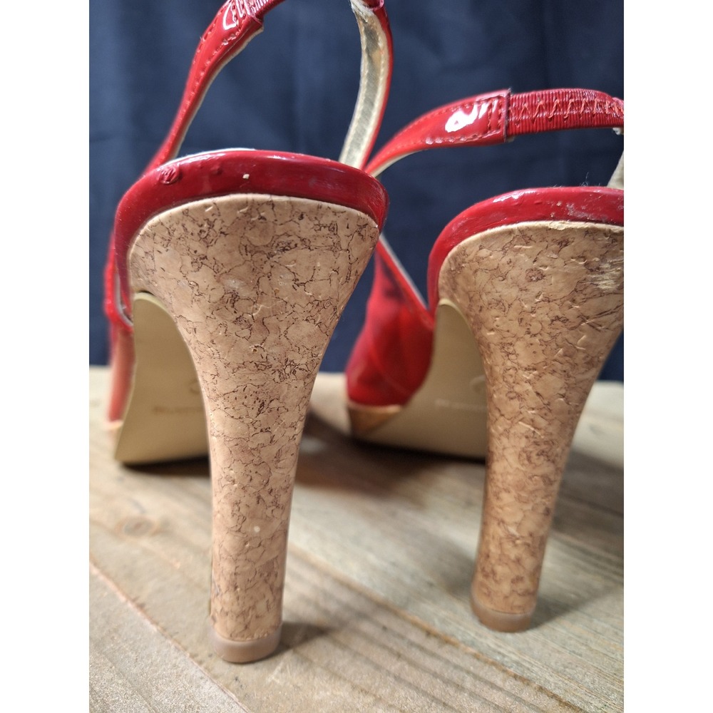 No Boundaries Marge Red Patent Peep Toe Slingback Cork Platform Heels Womens 7 - Picture 9 of 16